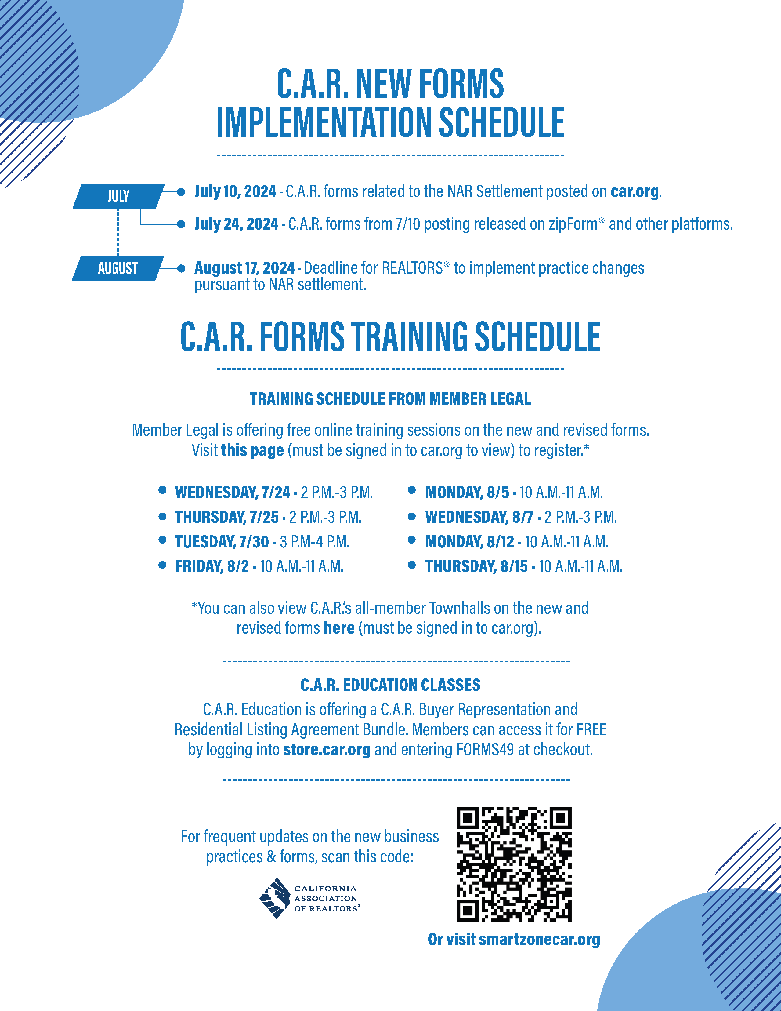 CAR New Forms Implementation Schedule & Forms Training Schedule