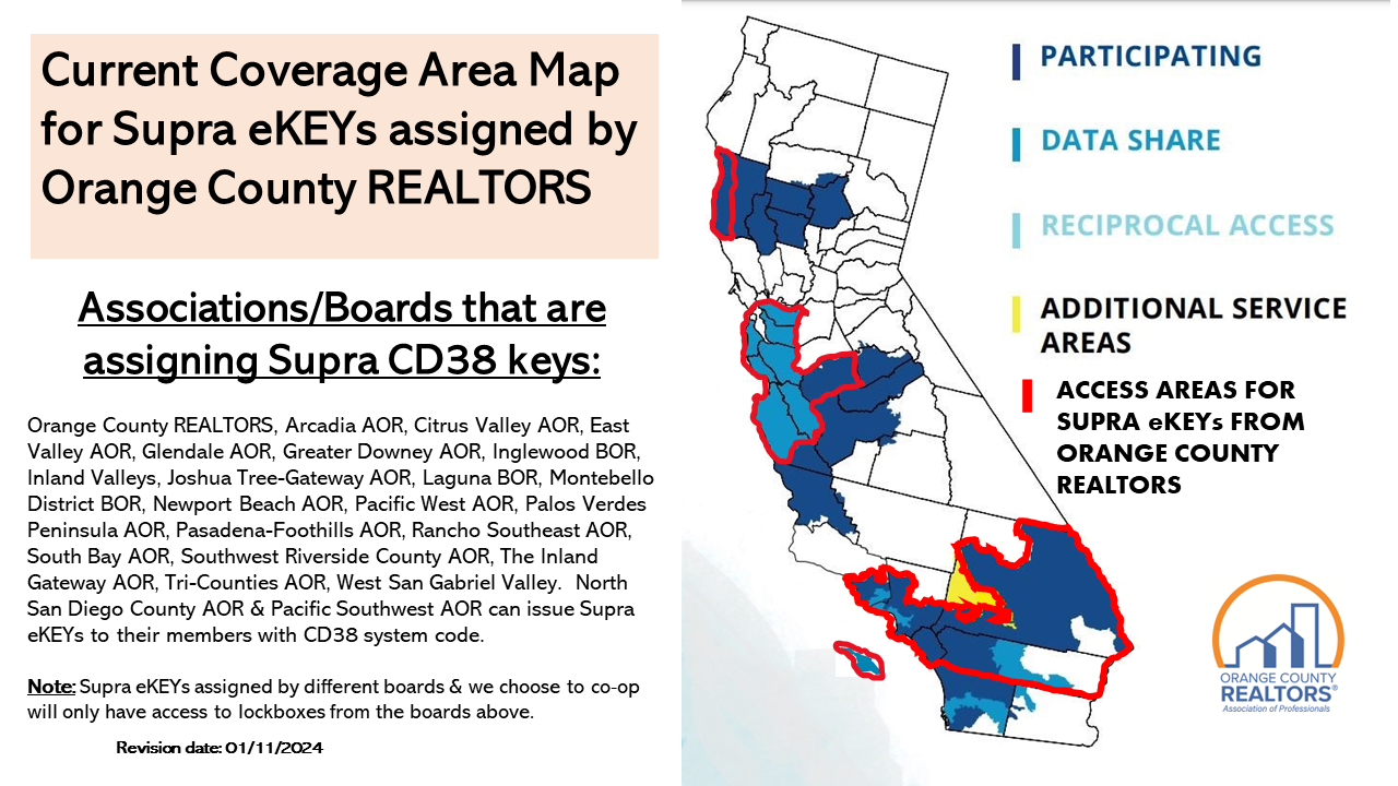 Current coverage area map for Supra eKEYs assigned by Orange County Realtors