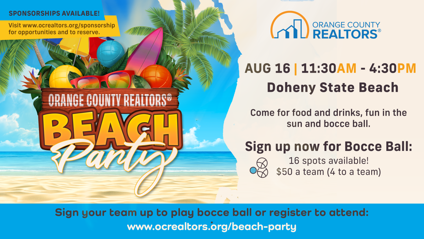OCR Beach Party on August 16! For more information and to register, visit www.ocrealtors.org/beach-party